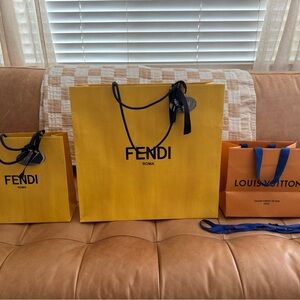 Louis Vuitton Orange Bag with Blue Handles, yellow FENDI bags with black ribbons